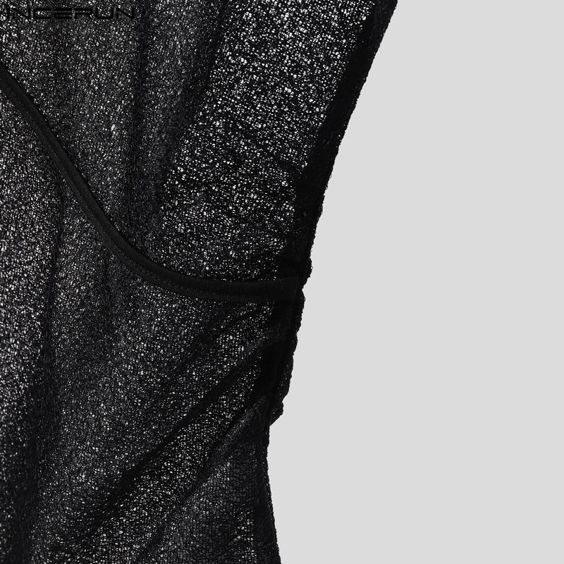 INCERUN Men Deep V Neck Strap Sleeveless See Through Mesh Sheer Tank Tops