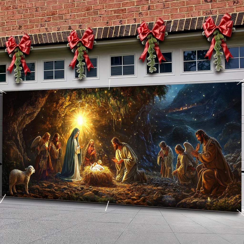 One large banner depicting the birth of Jesus - religious Christmas decoration, featuring the Virgin Mary, angels, and shepherds