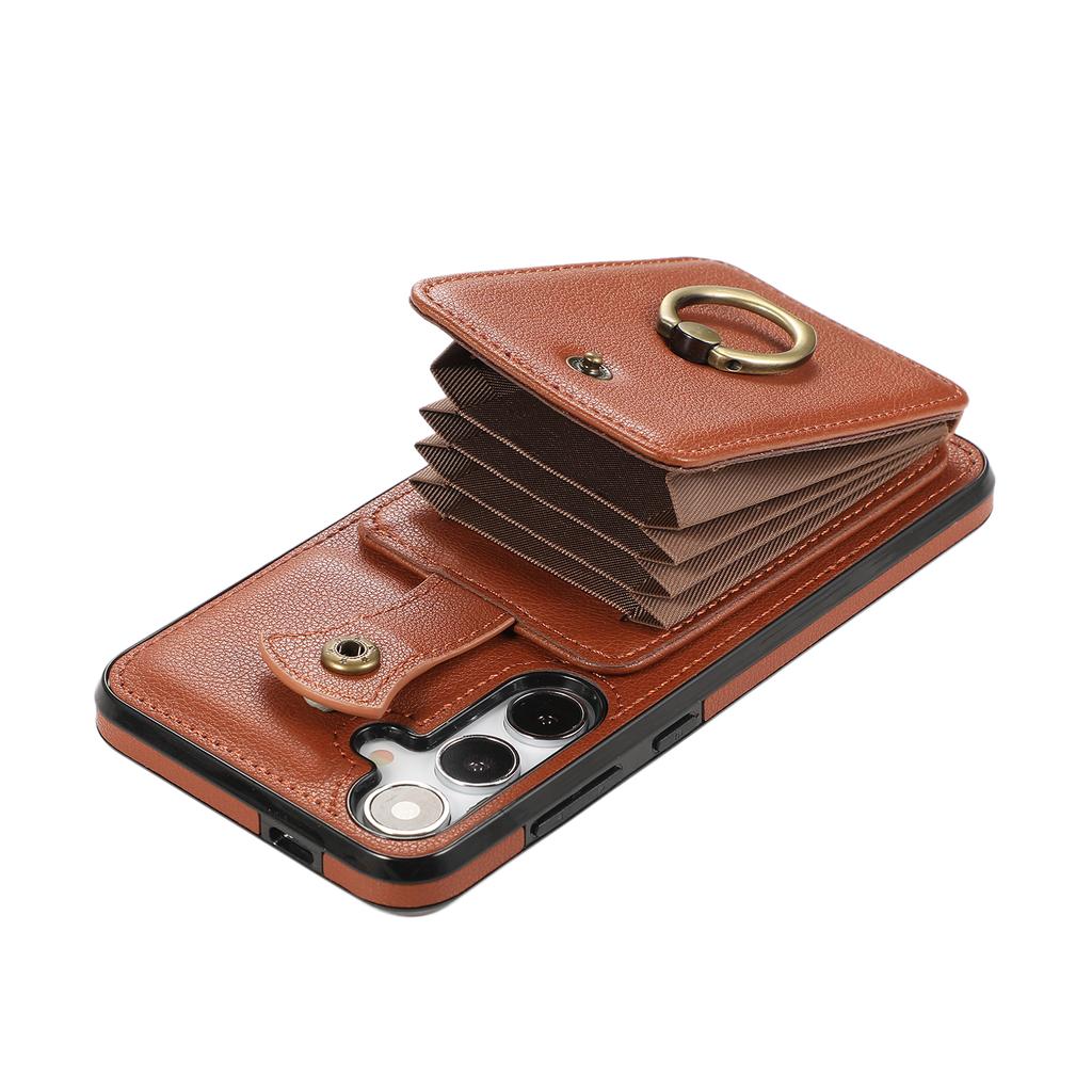For Samsung Galaxy A26 5G Case Card Holder Ring Kickstand TPU+PU Leather Phone Cover with Long Strap