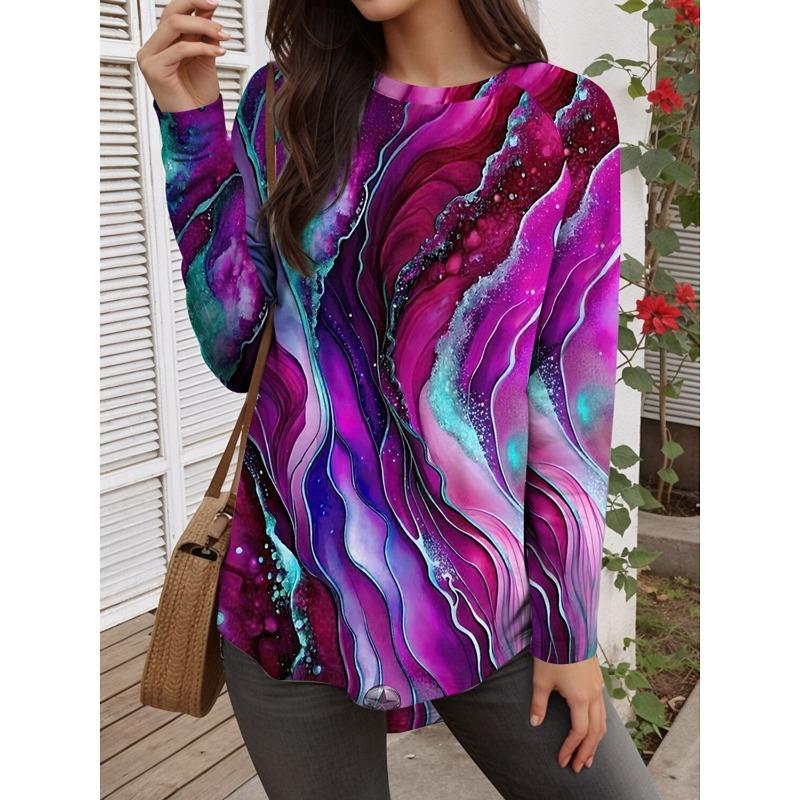 Autumn Fashion Women's Graphic Geometric Abstract O-Neck Long Sleeve T-Shirt Y2K Casual Tops Womens Clothing Harajuku Pullover