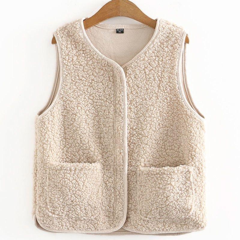 Vests Spring Autumn Women Button Waistcoat Lamb Hair Winter Thermal Warm Thick Fleece Vests Sleeveless Jacket Ladies Coats