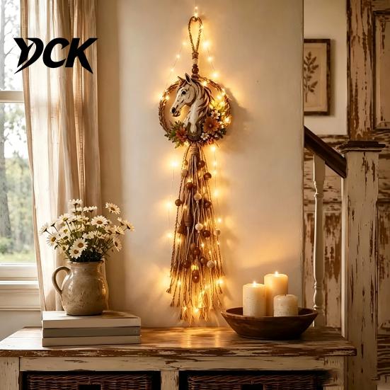 Warm Light String Hanging Decor Farmhouse Horse Wall Decor, Boho Head Ornament with Wood Beads Bohemian Style Room Decoration Tassels, Rustic Art for