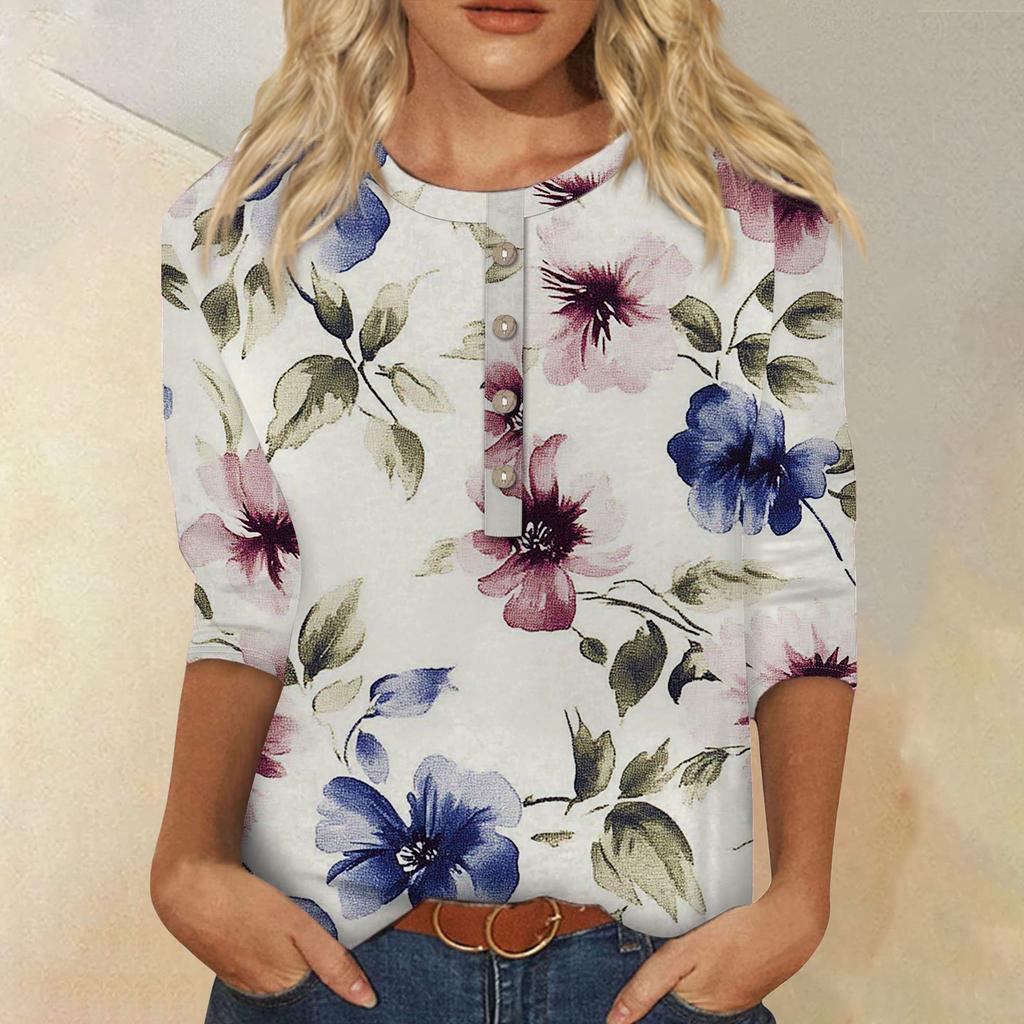 Женская мода повседневная 3/4 рукава цветочный принт пуловер круглый вырез топ повседневная одежда