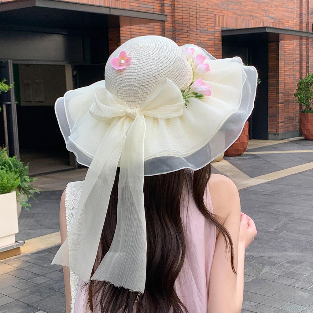 French pastoral flower lace bow straw hat women's summer sun protection sun hat vacation seaside beach hat