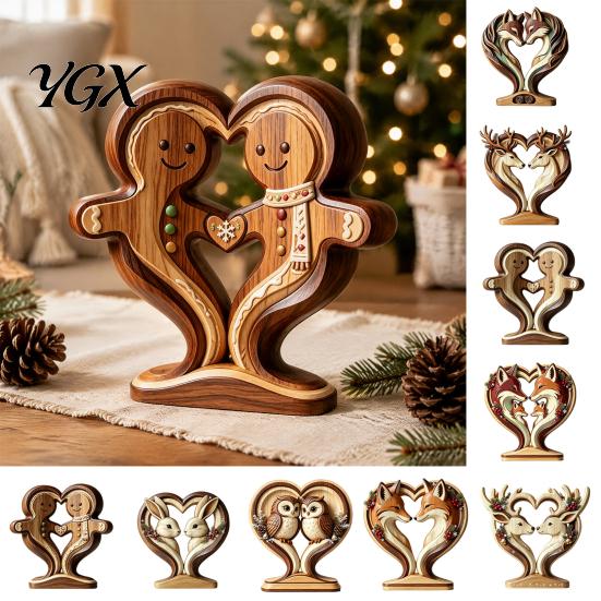 Solid Wood Holiday Table Decor Wooden Animal Ornament with Stable Base, Double Layer Carved Figurine, Handcrafted Carving Gifts Heart Shape Sculpture