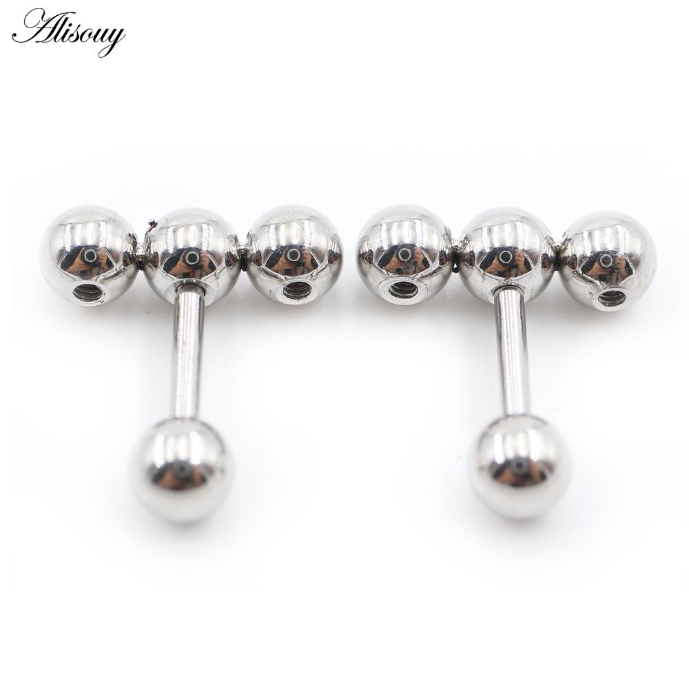 Alisouy 2PC нержавеющая сталь резьба три шарика фасоль женщины мужчины девушка серьги гвоздик хрящ винт серьги пирсинг ювелирные изделия