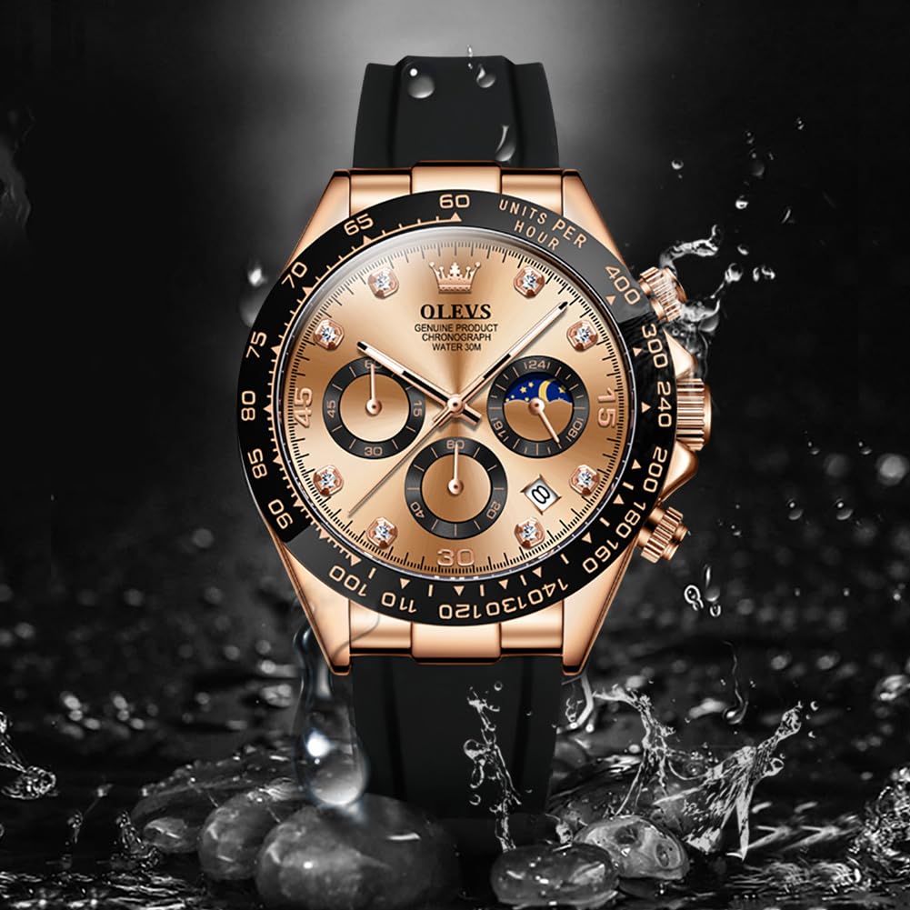 OLEVS Стильные часы Спортивные часы Популярные кварцевые часы Водонепроницаемые аналоговые часы с датой Черный силикагель ремень секундомер наручные часы Большие розовое золото Легко