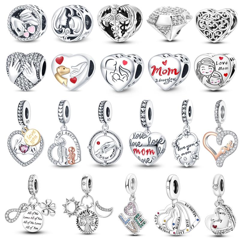 Стерлингового Серебра 925 пробы Love You Mom с двойным сердцем, висячие бусины с разрезом, подходят для оригинального модного браслета, сделай сам, для женщин, ювелирные изделия, подарок
