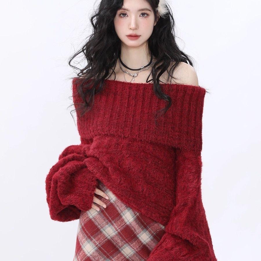 One-word Shoulder Sweater Women's Autumn and Winter New Gentle and Loose High-end Knitted Sweater Pullover Twist Top