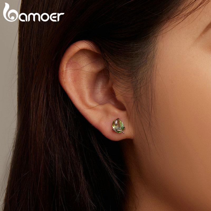 BAMOER оригинальный дизайн, серьги-гвоздики из стерлингового серебра 925 пробы со змеей, градиентные зеленые прозрачные стеклянные серьги для женщин
