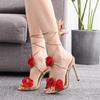 Crystal Queen Women Sandals Red Rose Flower Cross -Tie High -Heeled Open Toe Summer Heels Lady Dress Sexy Shoes