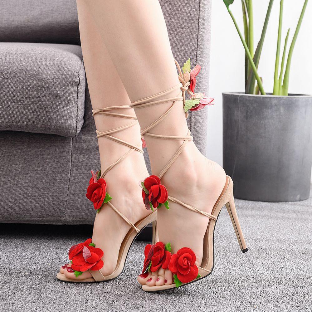 Crystal Queen Women Sandals Red Rose Flower Cross -Tie High -Heeled Open Toe Summer Heels Lady Dress Sexy Shoes