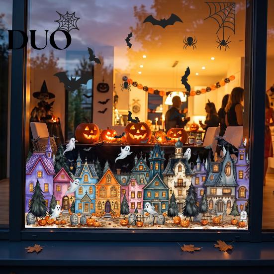 Waterproof Holiday Window Film Halloween Clings, Pumpkins Skeletons Ghosts And Bats Print Decorative Indoor Outdoor Glass Ornaments