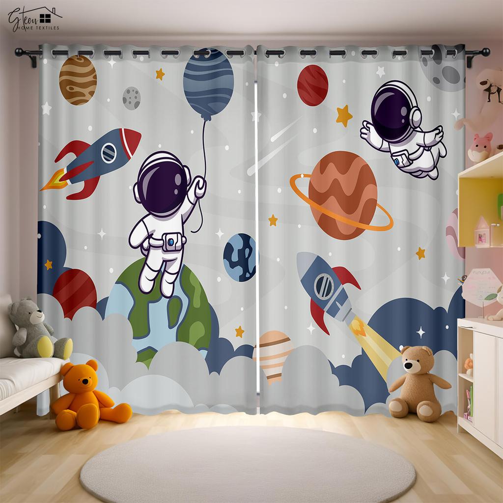 Cartoon Aerospace 3D Printing Drapes Astronaut Spaceman Spaceship Rocket Moon Planet Bedchamber Children ' s SpaceDrapes