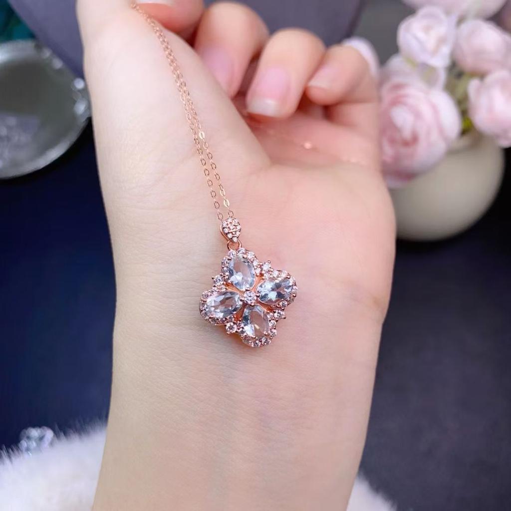 S925 Pure Silver Gold-plated Clover Natural Aquamarine Fine Jewelry Necklaces Fashion Body Jewelry