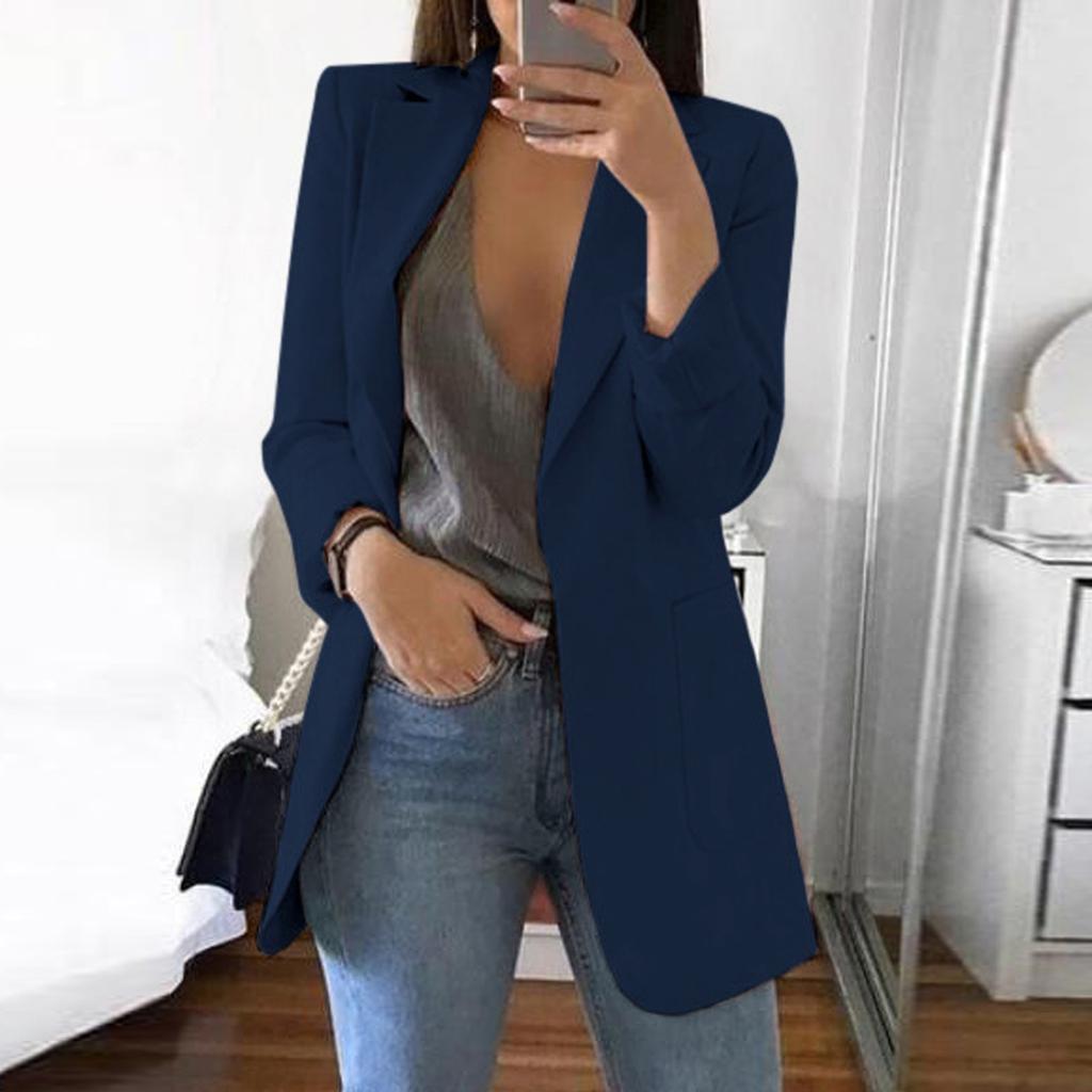 Women Solid Open Front Pockets Cardigan Formal Suit Long Sleeve Blouse Coat