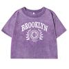Brooklyn Art Leaf Design Printed Retro T-Shirt Women Washed Cotton Tees Shirt Fashion Street Short Sleeve Slim Tee Shirts