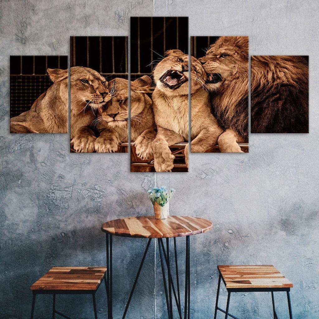 Lion Family Wildlife Animal 5 Piece Five Panel Wall Canvas Print Modern Art Poster Home Decor Gift For Him For Her