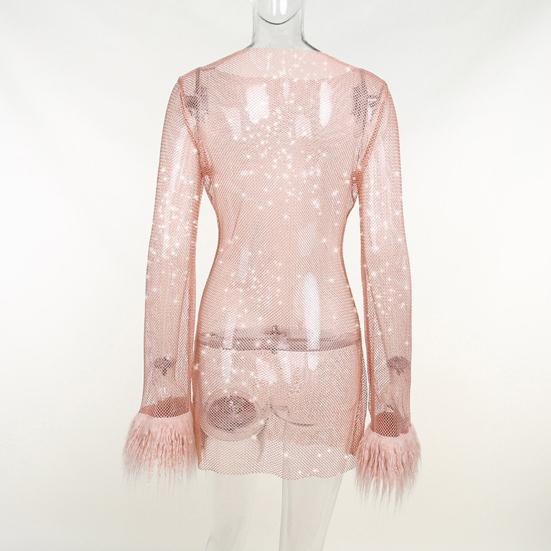 Sexy Glitter Evening Dress with Fur-Trimmed Cuffs Round Neckline Long Sleeves See-through Slim Fit Dress