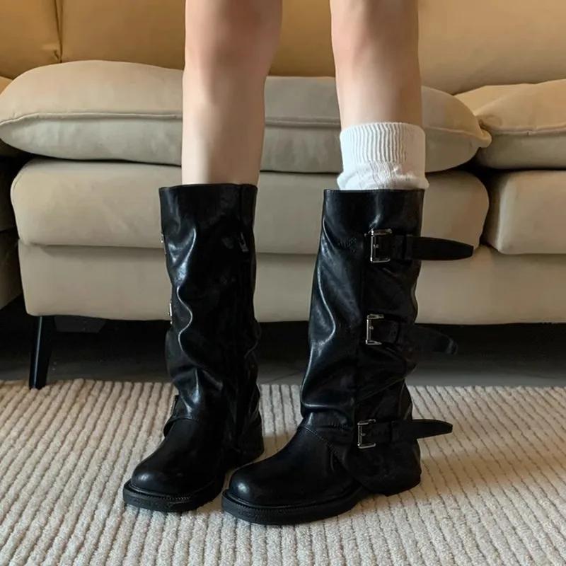 2024 Autumn Women's Knee High Boots Western Round Toe Long Boots Western Shoes Chunky Heel Platform Boots Women