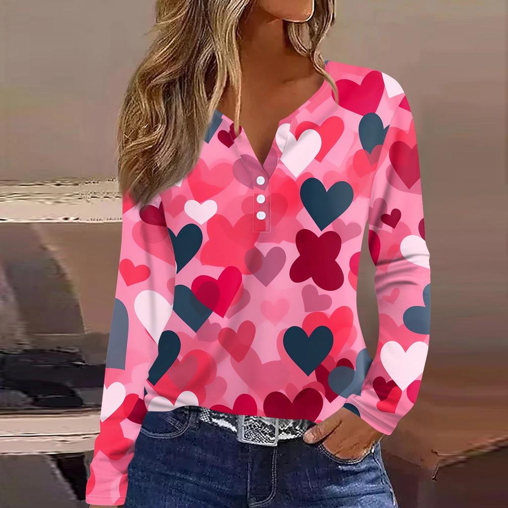 Женская футболка с принтом ко Дню святого Валентина, туника с длинным рукавом и пуговицами, повседневная мода на выходные, базовый топ с V-образным вырезом