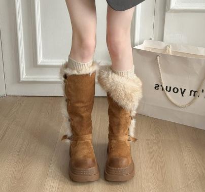 Thick-soled two-wearing plush snow boots, women's winter thin tall tube, plush thermal boots, medium and long tube
