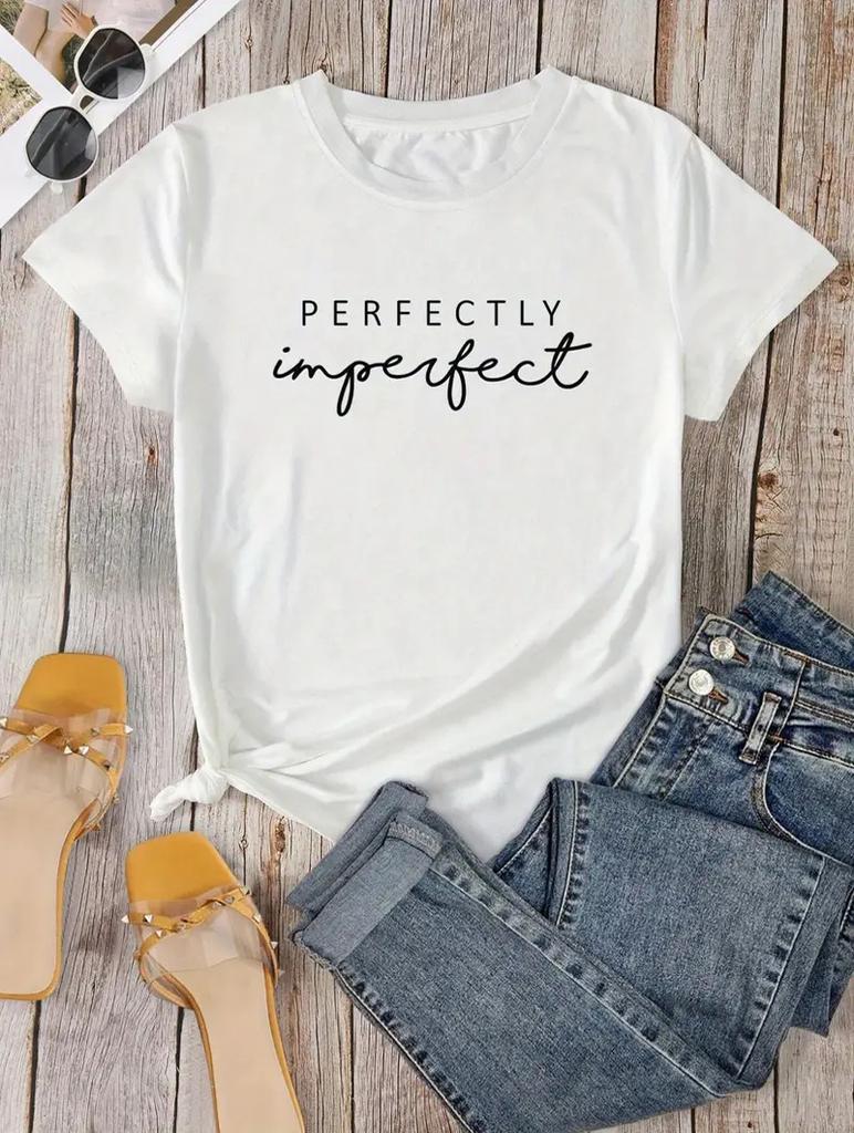 Classic White Cotton T-Shirt with Minimalist Printed Design for Women