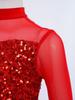 Bell-Bottom Jumpsuit for Girls: Mock Neck Long Sleeve with Sequins Bodice, Sheer Mesh & Back Cutout for Competition
