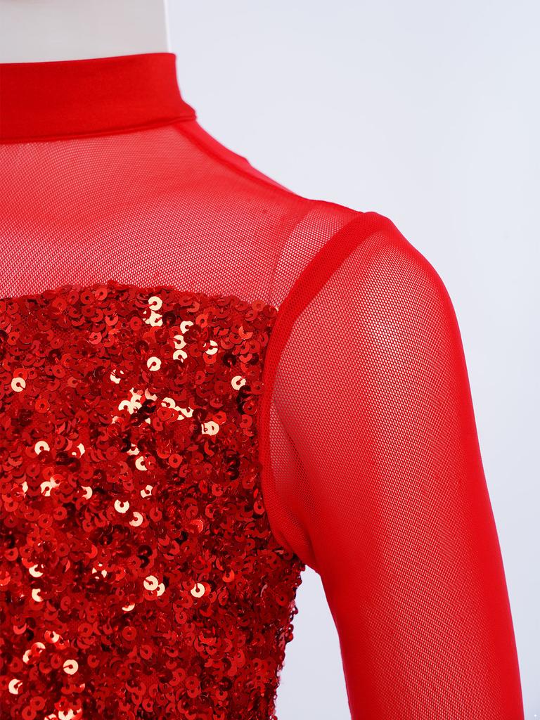 Bell-Bottom Jumpsuit for Girls: Mock Neck Long Sleeve with Sequins Bodice, Sheer Mesh & Back Cutout for Competition