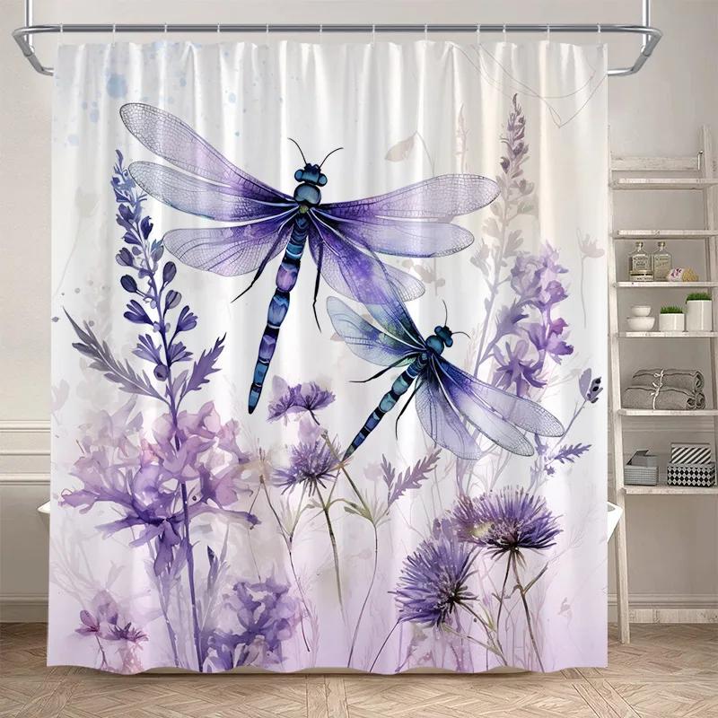 Floral Dragonfly Shower Curtains Watercolour Dandelion Rustic Flower Plants Polyester Fabric Bathroom Curtain Decor With Hooks