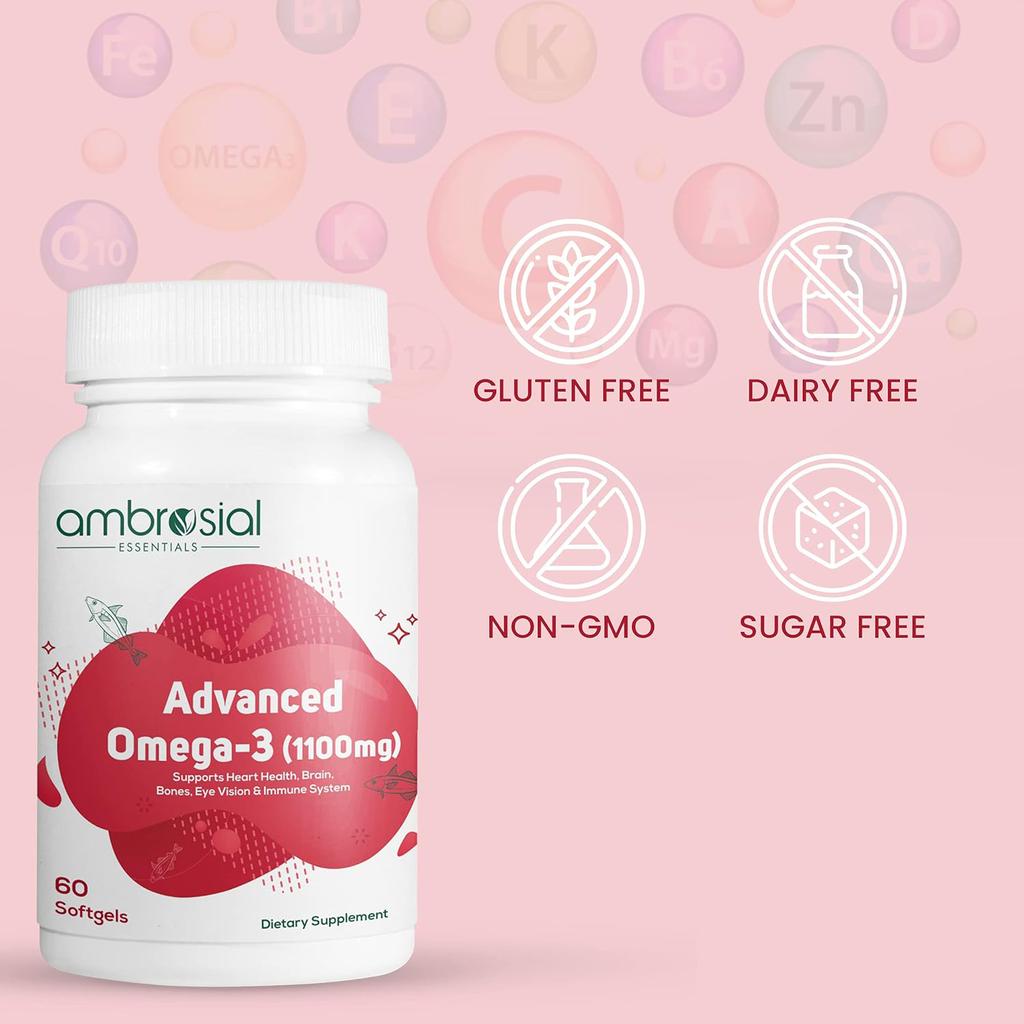 AMBROSIAL Advanced Omega 3 Fish Oil High Strength Capsules 1100mg с 360mg EPA и 240mg DHA Поддерживает здоровье сердца и иммунитета 60 Softgels