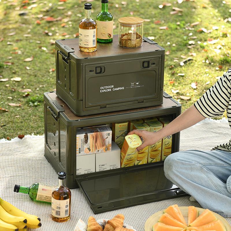 Side Door with Wheels Folding Box Camping Outdoor Wooden Lid Storage Box Clothes and Books Storage Box Trunk Stall Box