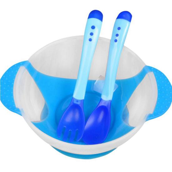 3Pcs Feeding Bowl with Sensing Spoon Fork Suction Cup Anti Slip