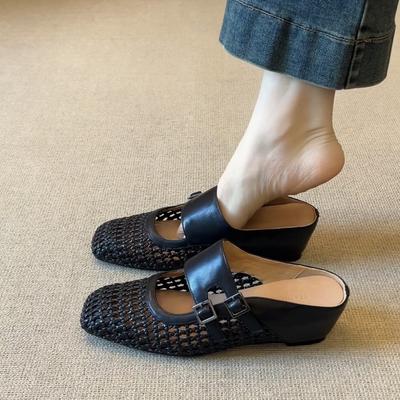 Овчина увеличение внутренней высоты с полутапочками женские квадратный носок универсальные плетеные полые дышащие внешние сандалии с закрытым носком