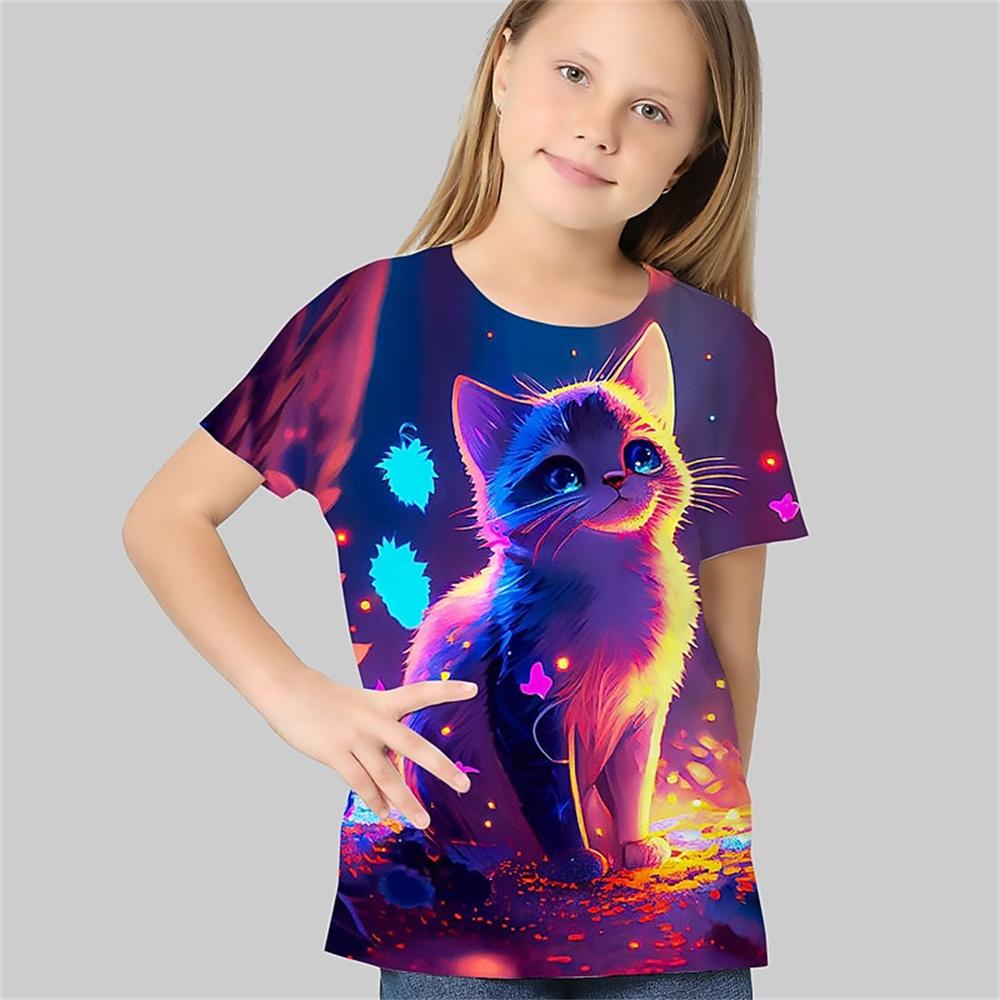 Летний топ с круглым вырезом и принтом в виде 3D-кота, модные и повседневные детские футболки с короткими рукавами для девочек