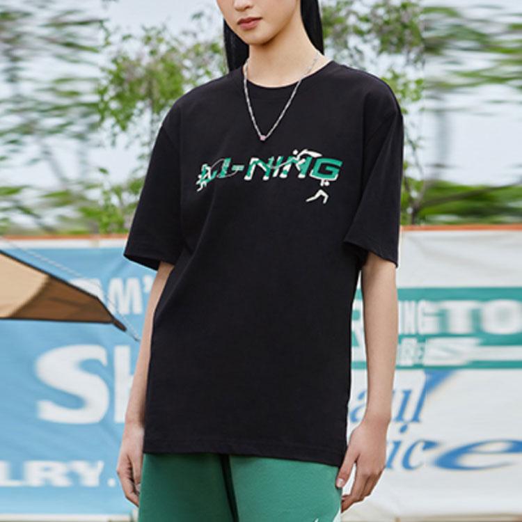 Li Ning Серия спортивной моды Логотип с буквой Пуловер с круглым вырезом и короткими рукавами Футболка унисекс Черный AHSSC35-1