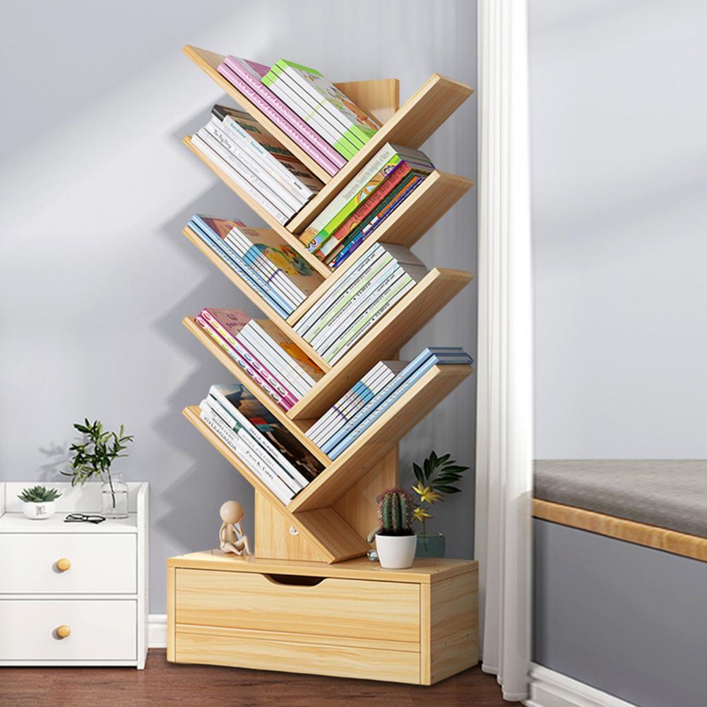 Modern Book Shelf Floor Standing BookShelf with Drawer Book Storage 8-Tier Wooden Tree Bookshelf Tree Bookcase Living Room Decor