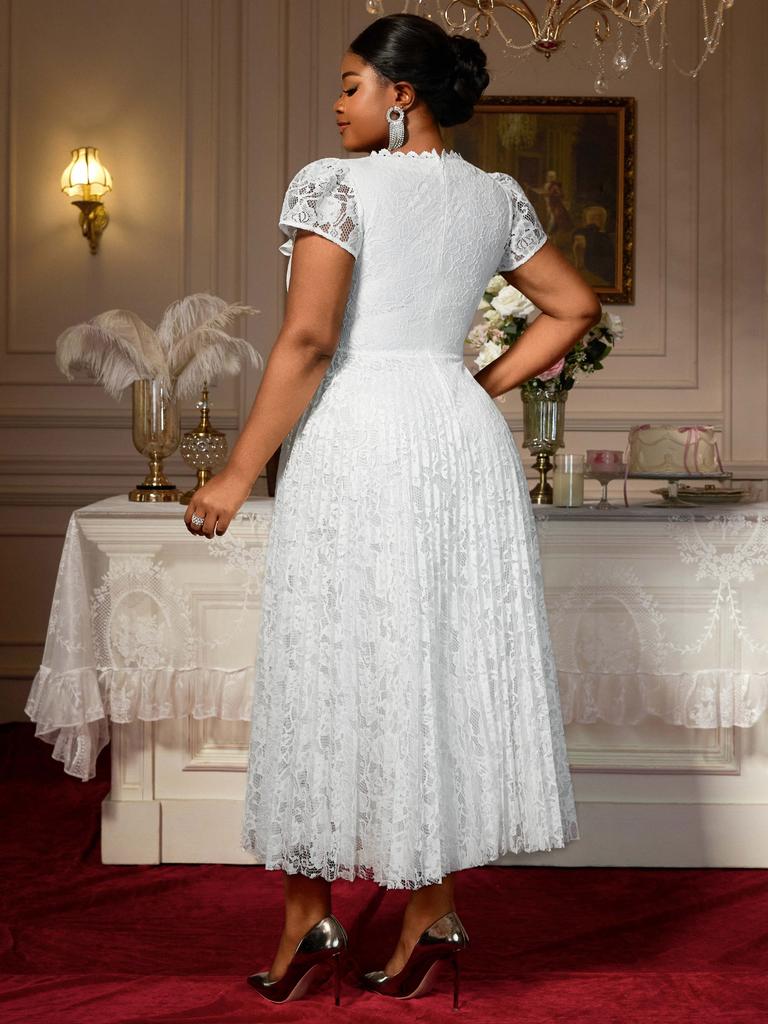 Женские элегантные кружевные миди платья А-силуэта больших размеров с рукавами-буфами, идеально подходящие для свадеб, вечеринок в саду и формальных летних торжеств