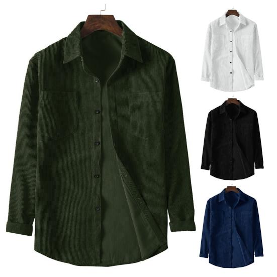 Men Corduroy Shirt Turn-down Collar Single-breasted Solid Color Loose Cardigan Retro Style Mid Length with Chest Pockets Top for Daily Wear Commuting