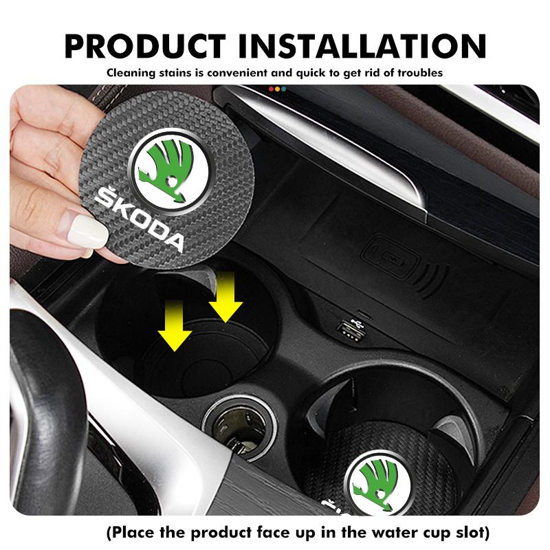HGWE4 2Pcs Car Coaster Water Cup Anti-slip Pad Mat For Skoda Kamiq MK3 Roomster Rapid Kodiaq Karoq Fabia Enyaq