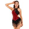 Womens Latin Dance Costume Sparkling Sequin Color Block Patchwork Bodysuit Sleeveless Fringed Leotard