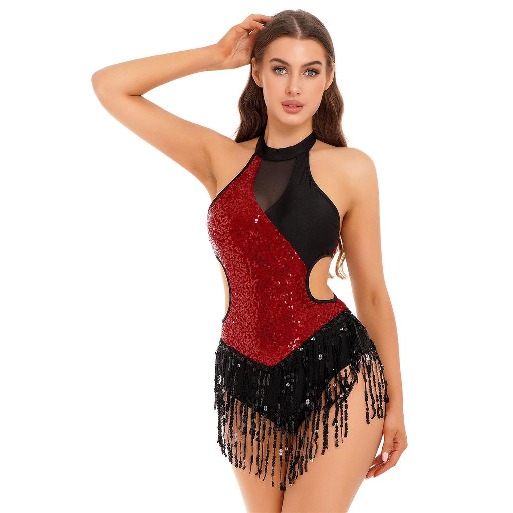 Womens Latin Dance Costume Sparkling Sequin Color Block Patchwork Bodysuit Sleeveless Fringed Leotard