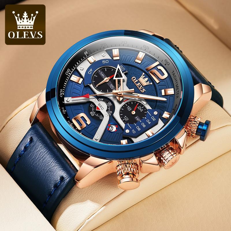 OLEVS 9915 с подарочной коробкой, три глаза, хронограф, часы с большим циферблатом, водонепроницаемые мужские часы с календарем