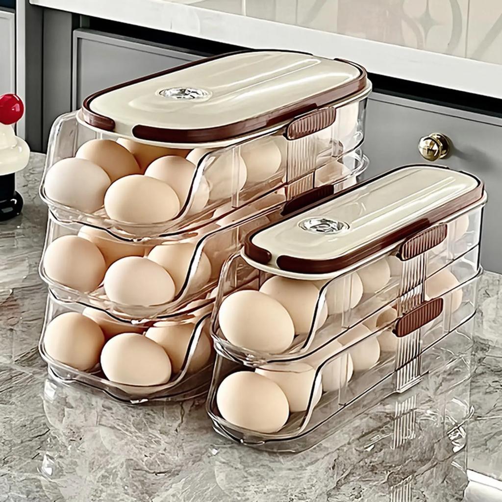 Egg Holder for Refrigerator Automatic Rolling, Storage Box Transparent Stackable Fridge Organizer with Lid For Kitchen DROPSHIP