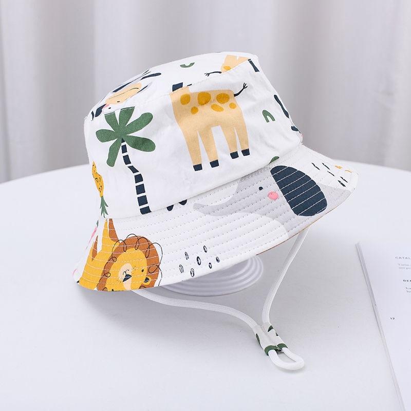 New Summer Baby Hat Cartoon Print Wide Brim Fisherman Hat for Boys Girls Adjustable Chin Strap Infant Beach Cap