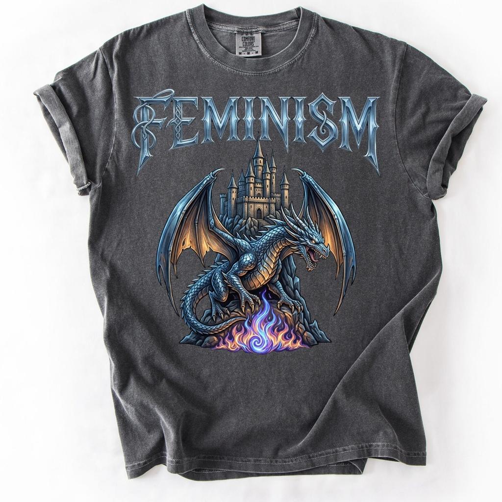 Feminism Dragon T Shirt Gothic Fantasy Castle Graphic Tee Feminist Vintage Acid Wash Metal Aesthetic Unisex Tshirt Empowerment Retro