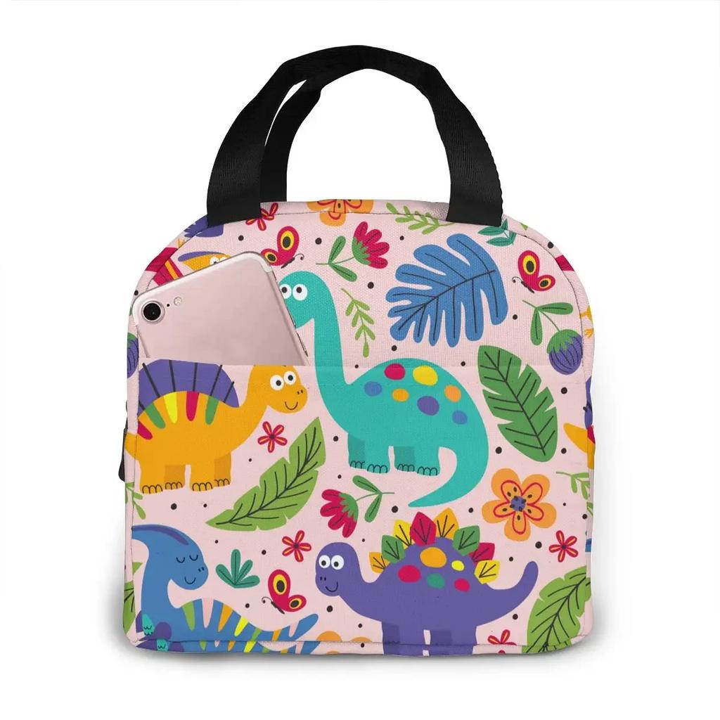Cartoon Dinosaur Canvas Portable Cooler Lunch Bag Fashion Thermal Insulated Food Bags Food Picnic Lunch Box Bag for Adult Kids