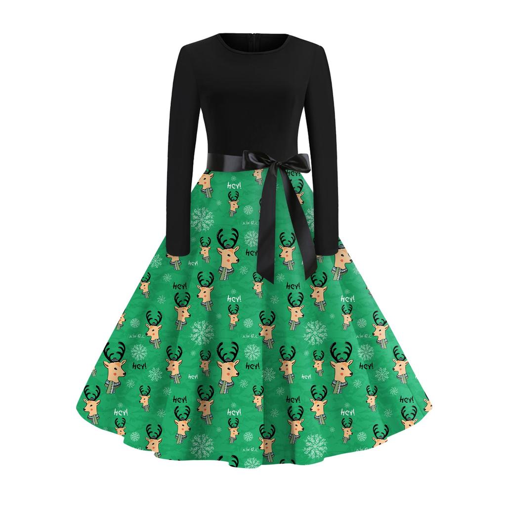 Женское винтажное классическое платье с длинным рукавом и рождественским принтом, свободное платье с круглым вырезом