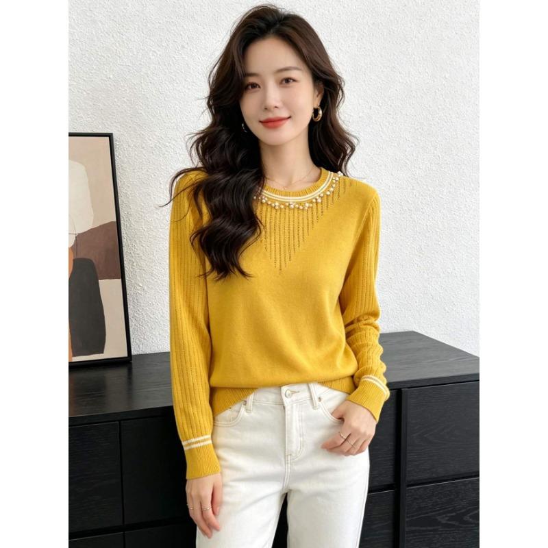 Women S Color Block Beaded Crew Neck Knit Sweater