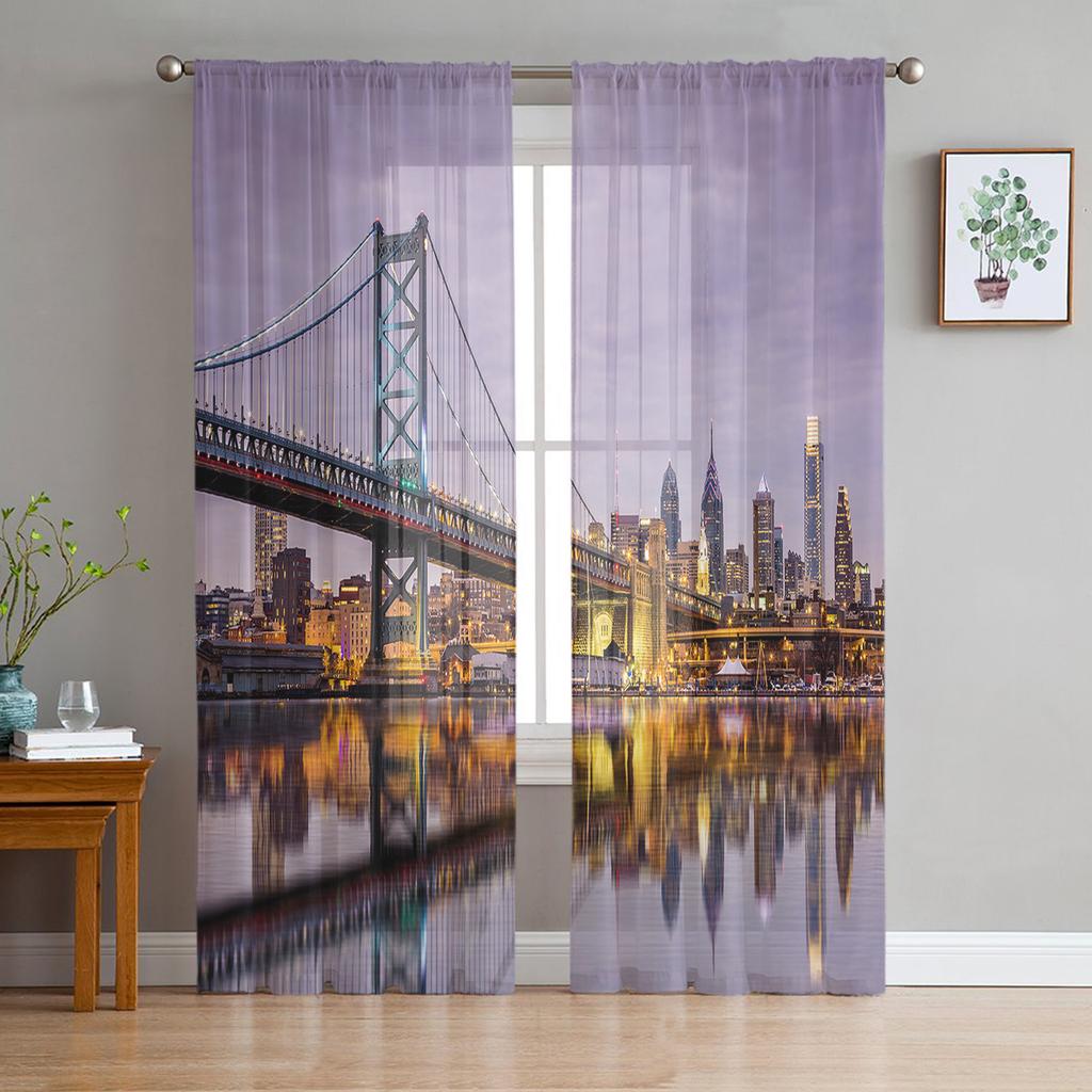 City Night Lights Sheer Curtains Living Room Window Tulle Curtains For Bedroom Kitchen Home Decoration Voile Drapes